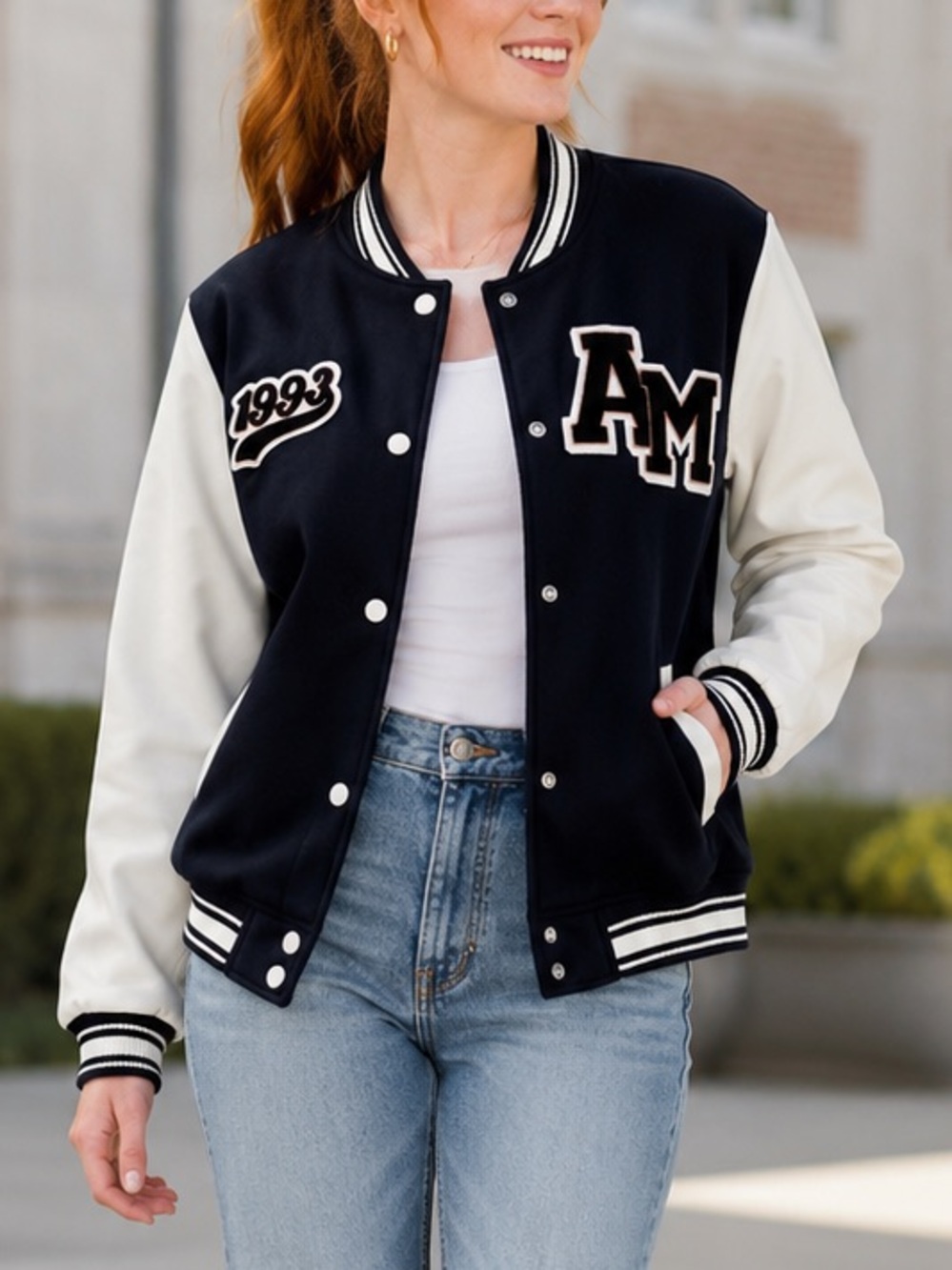 🔹 NWOT H&M Varsity Bomber Jacket Navy & White Size Small Medium